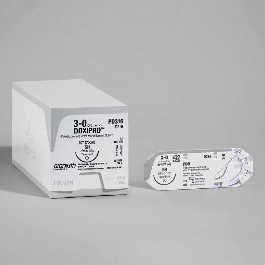 Product image of ProNorth Medical's DOXIPRO™ PD316 veterinary suture packaging. The box is white with clear labeling of the suture size as 3-0, the needle type as taper point, and the suture length as 30 inches. It's marked for veterinary use only, with the violet monofilament suture designed for superior wound support and visibility