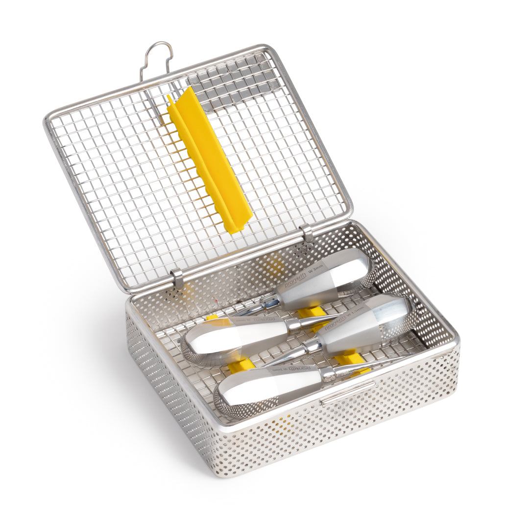 ProExtract winged dental elevator essential set of four instruments in a sterilizable cassette, with a free sharpening stone.