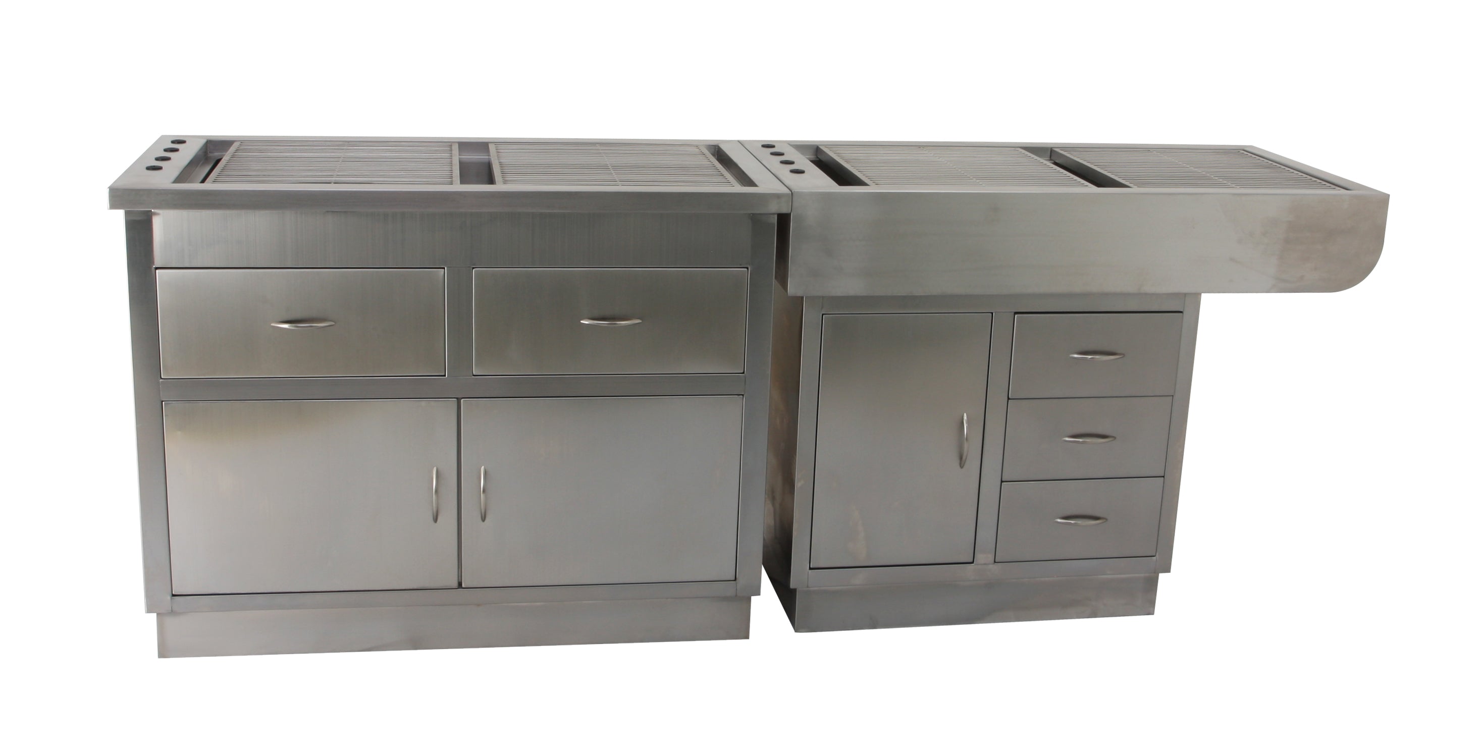 Durable stainless steel dental prep table with sloped basin, integrated storage, and customizable configurations for optimized workspace efficiency.