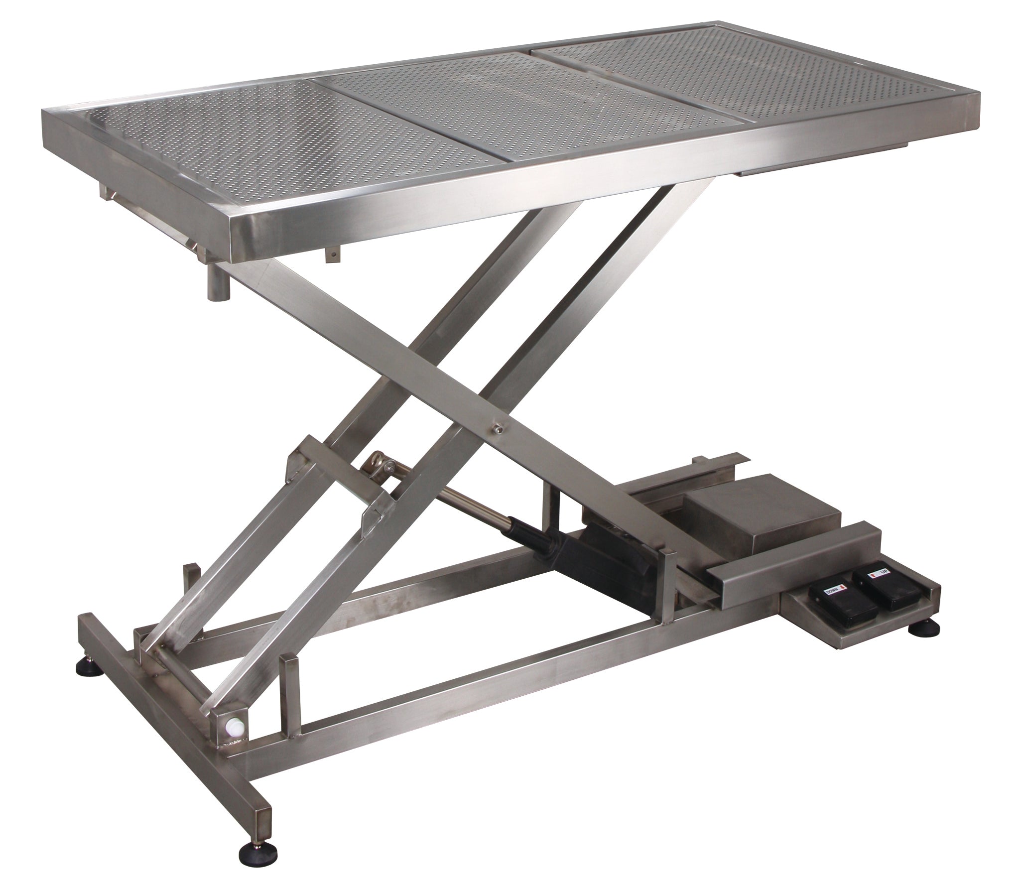 Low-height scissor-lift operation table with a stainless steel drain trough for veterinary surgery.