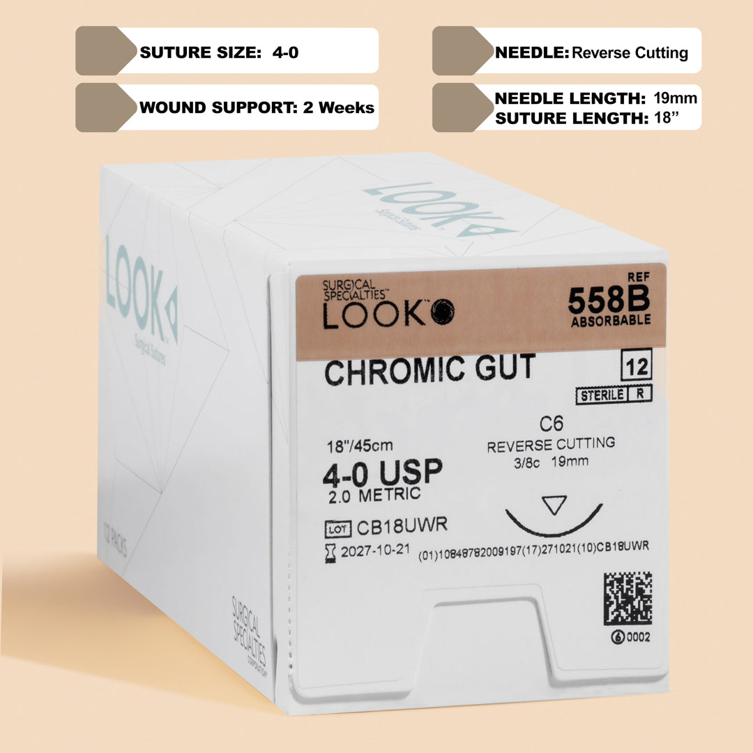Product Specifications: Suture Type: Absorbable Suture Material: Chromic Gut Suture Size: 4-0 (metric size 2.0) Suture Length: 18 inches (45 cm) Needle Type: C-6, reverse cutting Needle Length: 19 mm Quantity per Box: 12 sutures Wound Support: 2 Weeks Color: Brown (due to chromic processing)