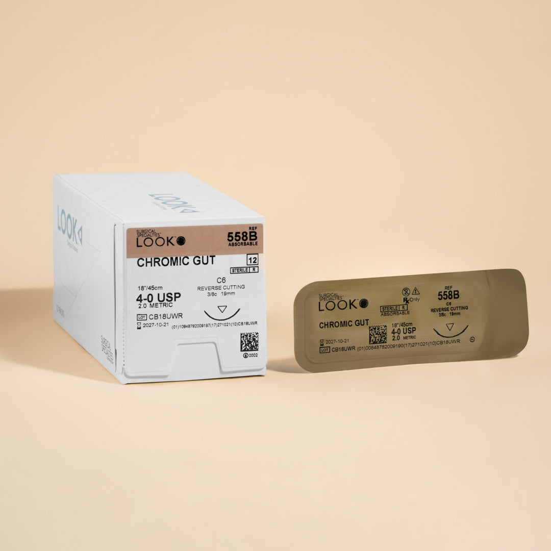 Product Specifications: Suture Type: Absorbable Suture Material: Chromic Gut Suture Size: 4-0 (metric size 2.0) Suture Length: 18 inches (45 cm) Needle Type: C-6, reverse cutting Needle Length: 19 mm Quantity per Box: 12 sutures Wound Support: 2 Weeks Color: Brown (due to chromic processing)