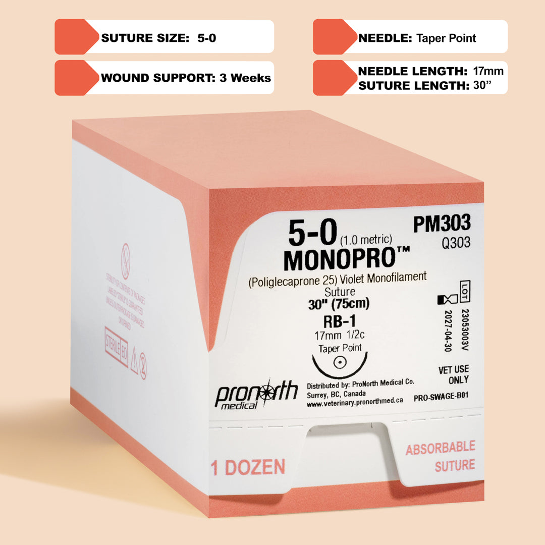 Box of 5-0 MONOPRO violet absorbable suture, 30-inch length with an RB-1 taper needle, reference PM303, for veterinary use.