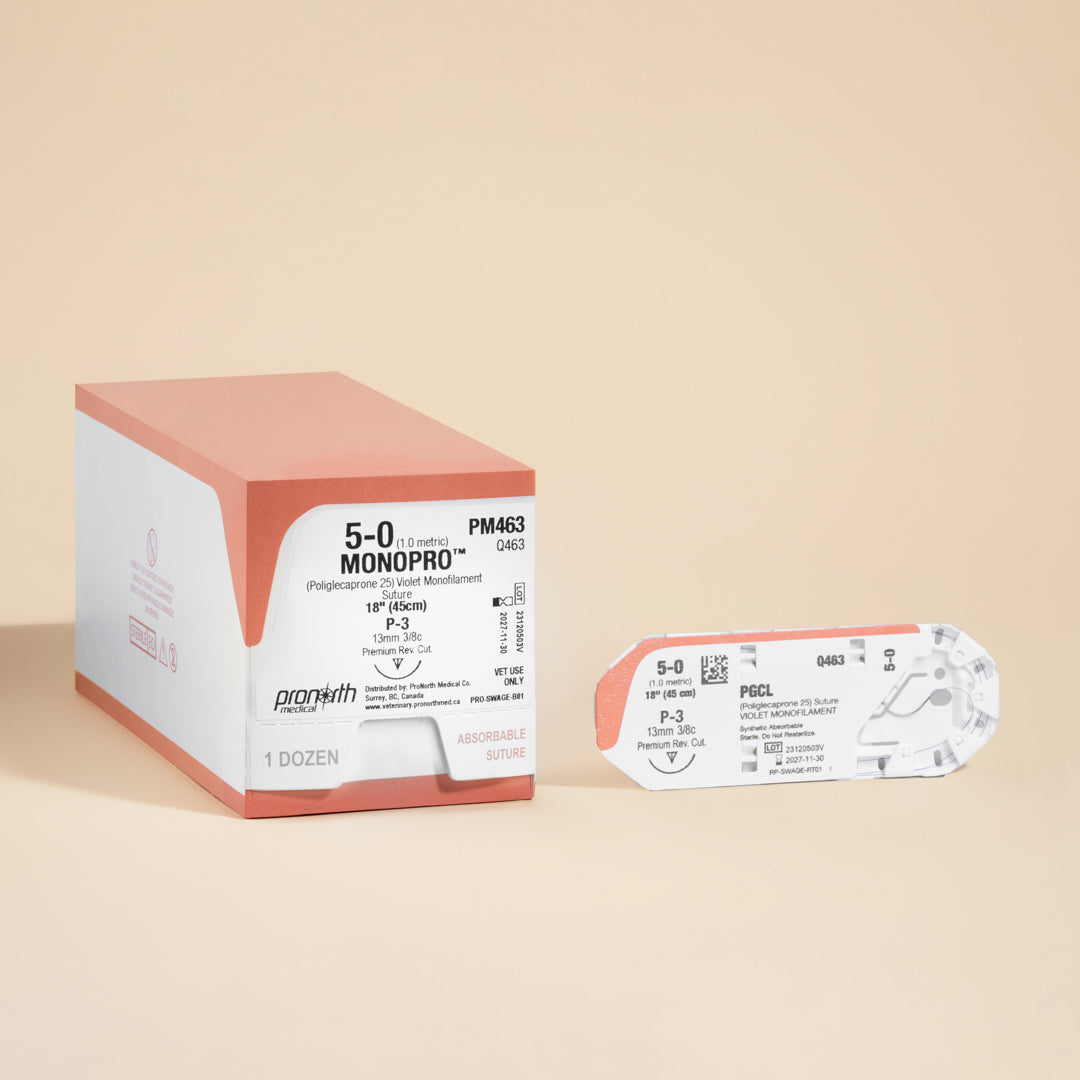 A box and individual packaging of 5-0 MONOPRO violet monofilament sutures, with an 18-inch P-3 premium reverse cutting needle. The box, labeled PM463, highlights the suture's absorbable nature and is specifically marked for veterinary use only. The packaging is designed to ensure sterility and includes detailed product specifications for easy reference, making it an essential tool for veterinary professionals requiring high-quality, reliable suturing materials.