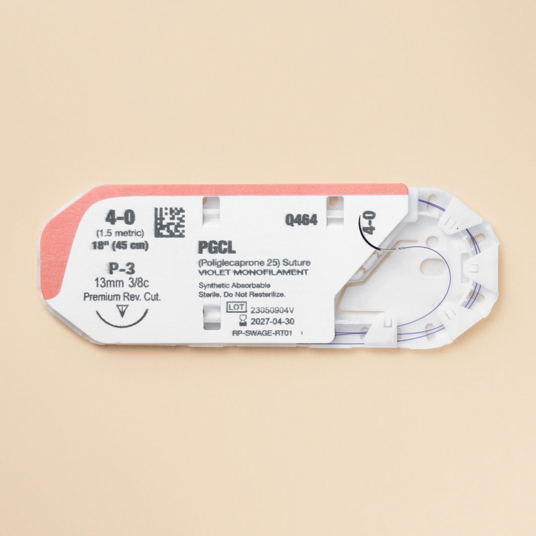 Image depicting a box and individual package of 4-0 MONOPRO Violet 18" P-3 Needle sutures. The box is marked with the reference number PM464, highlighting the absorbable nature of the sutures, suitable for veterinary use only. The suture is presented as a preferred choice for surgeries requiring optimal handling, wound support, and minimal tissue reaction.