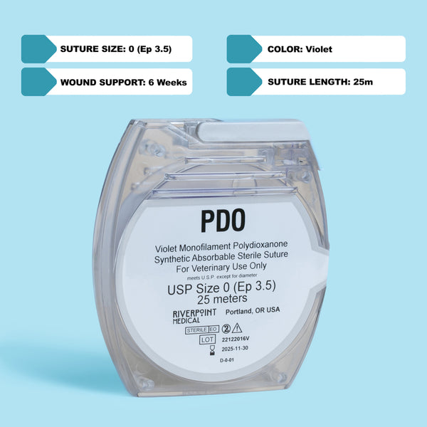 A clear package of PDO suture size 0 (Ep 3.5), showing a 25m violet monofilament thread made of polydioxanone for veterinary use. The label emphasizes its absorbable nature, extended wound support of 6 weeks, and compliance with USP & EP standards. Manufactured by RIVERPOINT in Portland, OR, USA, highlighting its premium quality and suitability for various surgical applications.
