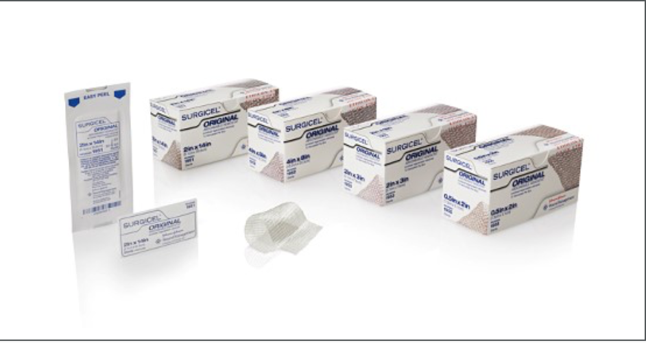 Ethicon Surgicel absorbable hemostat, 1/2 by 2 inch, used to control bleeding during surgery, reference 1955.