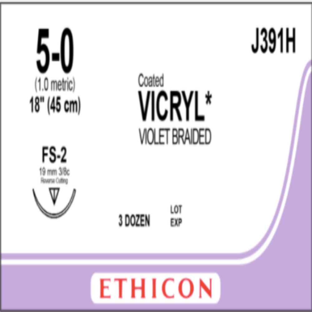 Suture Vicryl Plus 5-0, cercle 3/8, violet, 45 cm, aiguille FS-2 | VCP391H