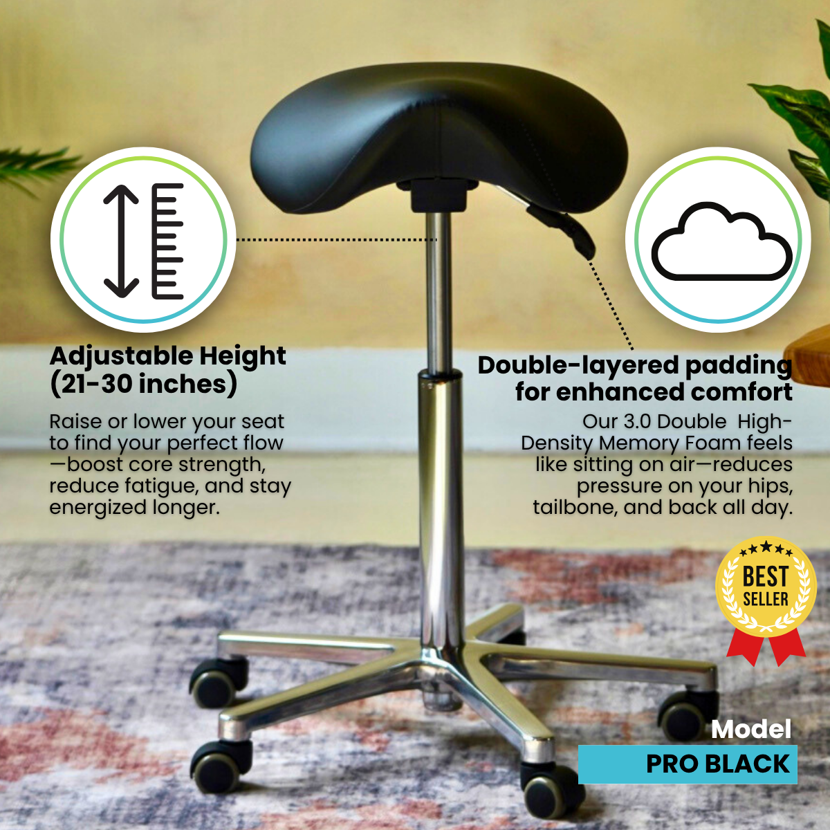 Saddle office chair with adjustable height and double-layered padding features on a blurred background.