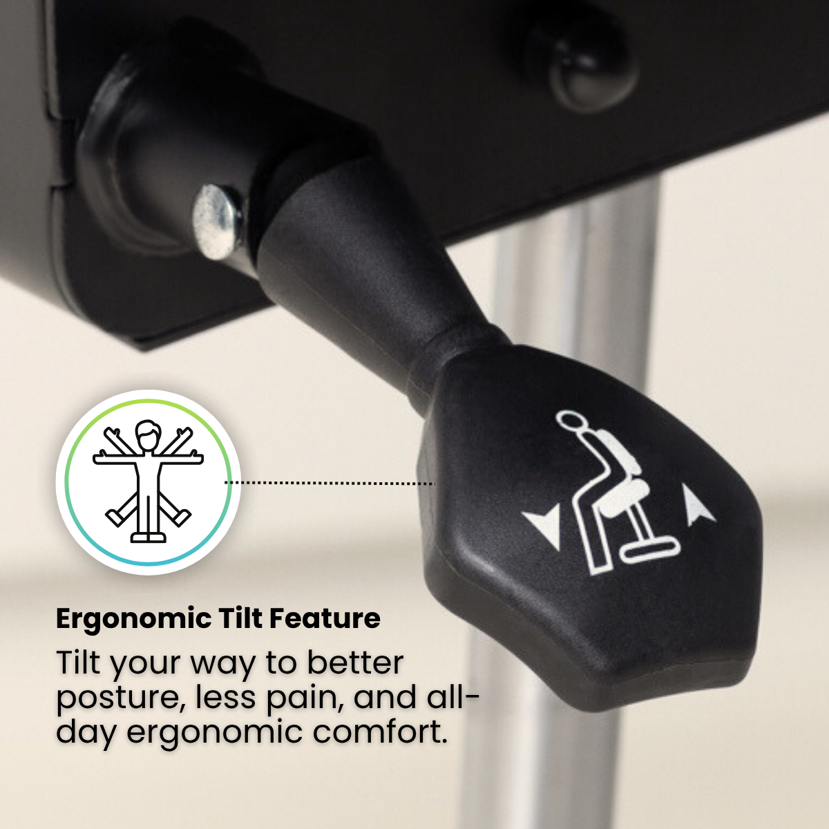 Ergonomic tilt feature adjustment on a piece of exercise equipment with text highlighting benefits.