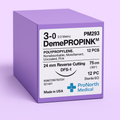 Box of 3-0 DEMEPROPINK pink polypropylene monofilament suture, 75 cm, with a 24 mm 3/8-circle needle, 12 per box, for veterinary use.