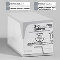 ProNorth Medical's DOXIPRO™ PD333 suture box, labeled for veterinary use, displaying a 2-0 size and 30-inch length violet monofilament suture with a CT-2 taper point needle. The packaging conveys the suture's absorbable nature, high tensile strength, and commitment to surgical excellence in veterinary practices.