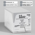Image showing ProNorth Medical's DOXIPRO™ PD452 suture pack with a 3-0 violet monofilament and a 24mm FS-1 reverse cutting needle. The packaging indicates it's for veterinary use only, highlighting the suture's absorbable nature and is designed for high-performance in veterinary surgical settings.
