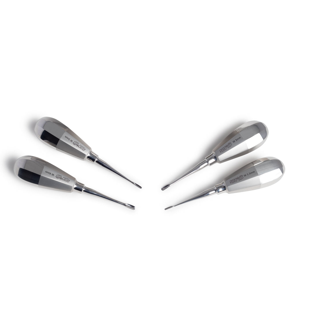 Set of 4 Winged Elevators with Stubby Handles in a Sterilizable Cassette, designed for precise tooth extraction with enhanced control.