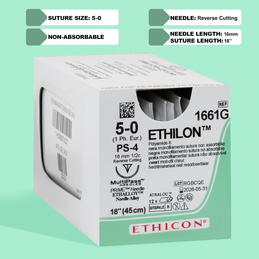 5-0 Ethilon Black Suture, 18" PS-4 Needle | 1661G