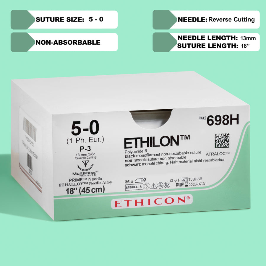5-0 Ethilon Black Suture, 18" P-3 Needle | 698H
