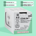 Box of Ethicon 4-0 ETHILON® Black Nylon Sutures, product code 699G, with a silver P-3 reverse cutting needle. The packaging denotes the sutures' non-absorbable nature and the inclusion of MULTIPASS® needle technology, suitable for advanced surgical procedures requiring precise wound closure.