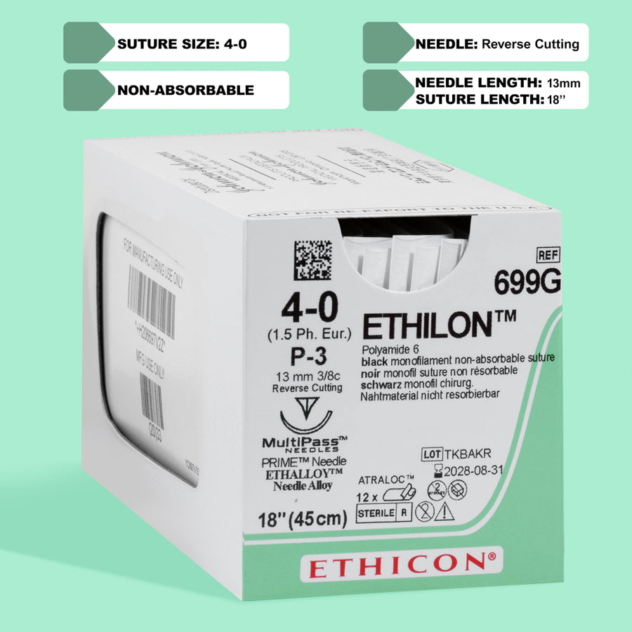 4-0 Ethilon Black Suture, 18" P-3 Needle | 699G