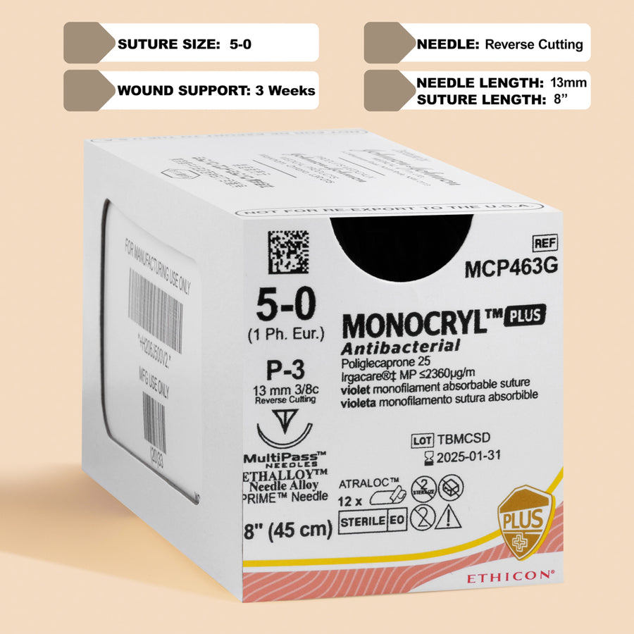 5-0 Monocryl Plus Suture, 18" P-3 Needle | MCP463G