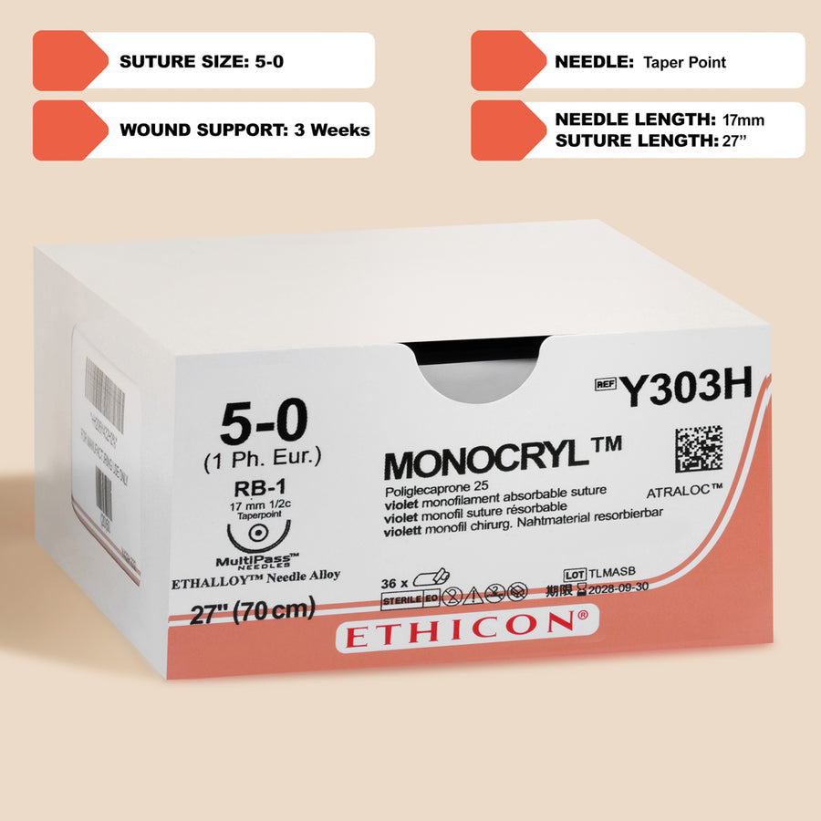 5-0 Monocryl Violet Suture, 27" RB-1 Needle | Y303H