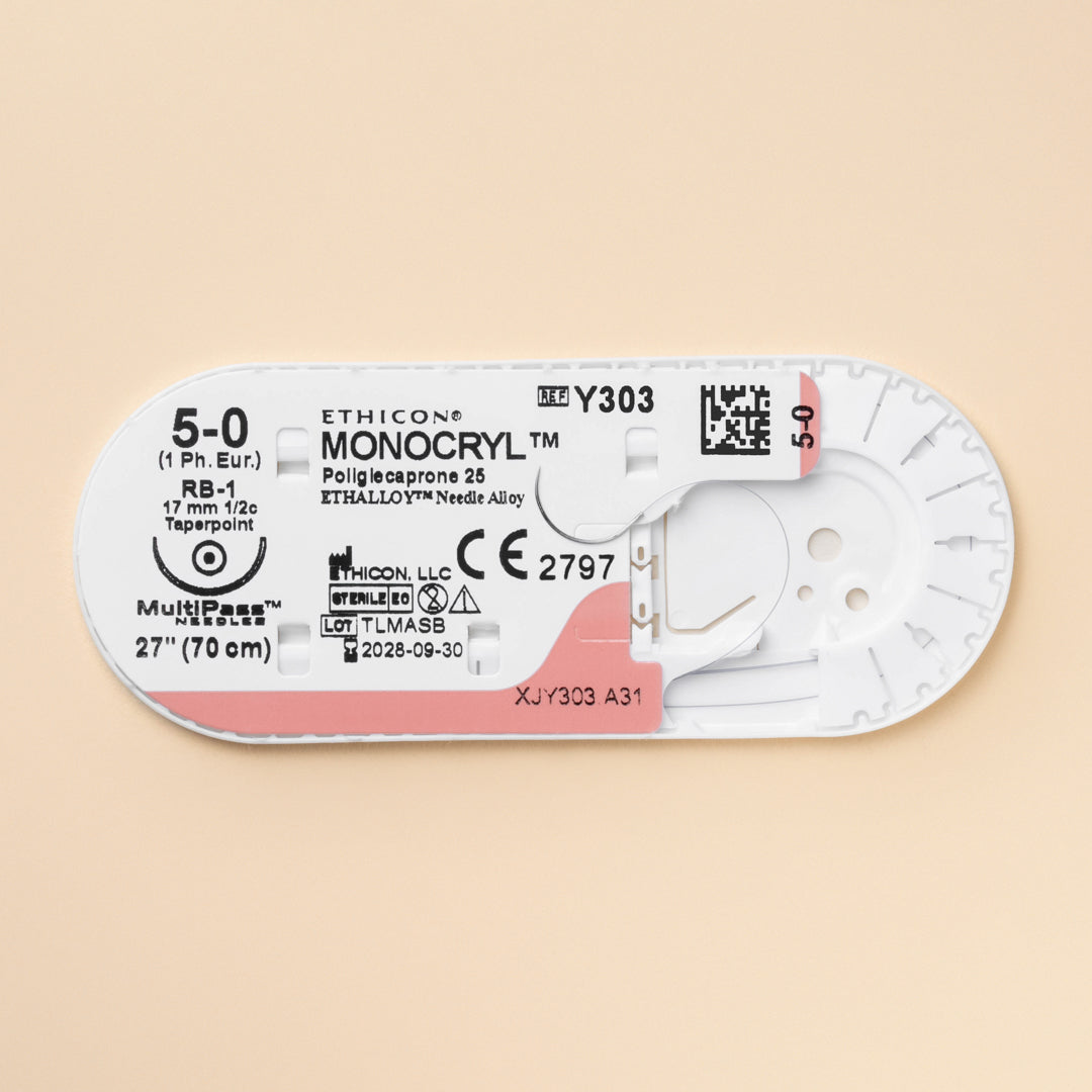 Box of Ethicon 5-0 MONOCRYL® Violet Sutures, model Y303H, presenting a long 27-inch suture with a silver RB-1 taper point needle. The suture's violet hue and absorbable nature are highlighted, signifying its utility in providing secure and effective wound closure.
