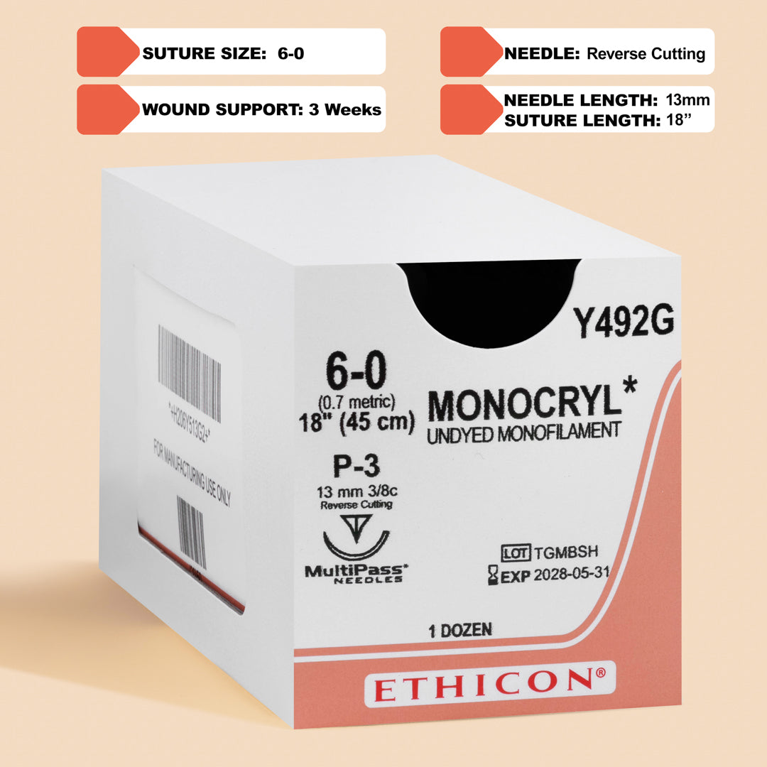 Box of Ethicon 6-0 MONOCRYL® Undyed Sutures, reference Y492G, showcasing a fine gauge suture paired with a 13mm P-3 reverse cutting needle. The packaging emphasizes the suture's absorbable nature and suitability for precise surgical applications, ensuring a natural finish and rapid healing.
