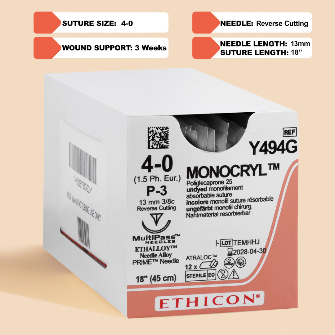 4-0 MONOCRYL PLUS Undyed 18" P-3 Needle | MCP494G (replaces Y494G)