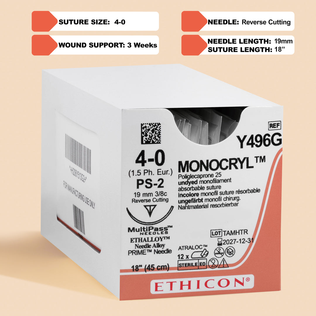Box of Ethicon 4-0 Monocryl undyed absorbable suture, 18-inch length with a PS-2 needle, reference MCP496G.