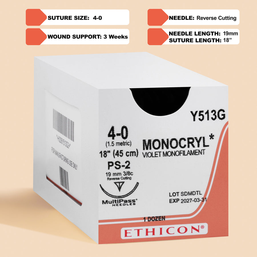 4-0 Monocryl Plus Violet Suture, 18" PS-2 Needle | MCP513G