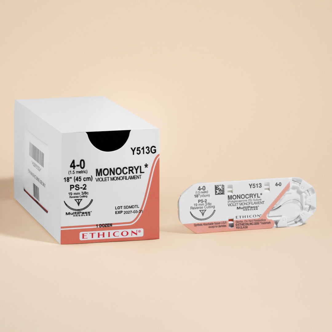 Box of Ethicon 4-0 MONOCRYL® Violet Sutures, product code Y513G, complete with an 18-inch suture and a 19mm PS-2 reverse cutting needle. The packaging highlights the suture's absorbable nature and the vibrant violet color, designed for superior visibility and precision in surgical applications.