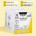 Box of 5-0 Surgical Gut Suture - Plain, model number 1626G, featuring yellowish tan absorbable sutures with a 16mm PS-3 reverse cutting needle. Designed for optimal performance in delicate surgical applications, highlighting the suture's natural composition and specialized needle for minimal tissue impact.