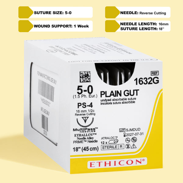 Box of 5-0 Surgical Gut Suture - Plain, model 1632G, featuring yellowish tan sutures paired with a 16mm PS-4 reverse cutting needle. The packaging emphasizes the suture's absorbable qualities and its specialized design for precise wound closure, highlighting its suitability for delicate surgical applications.