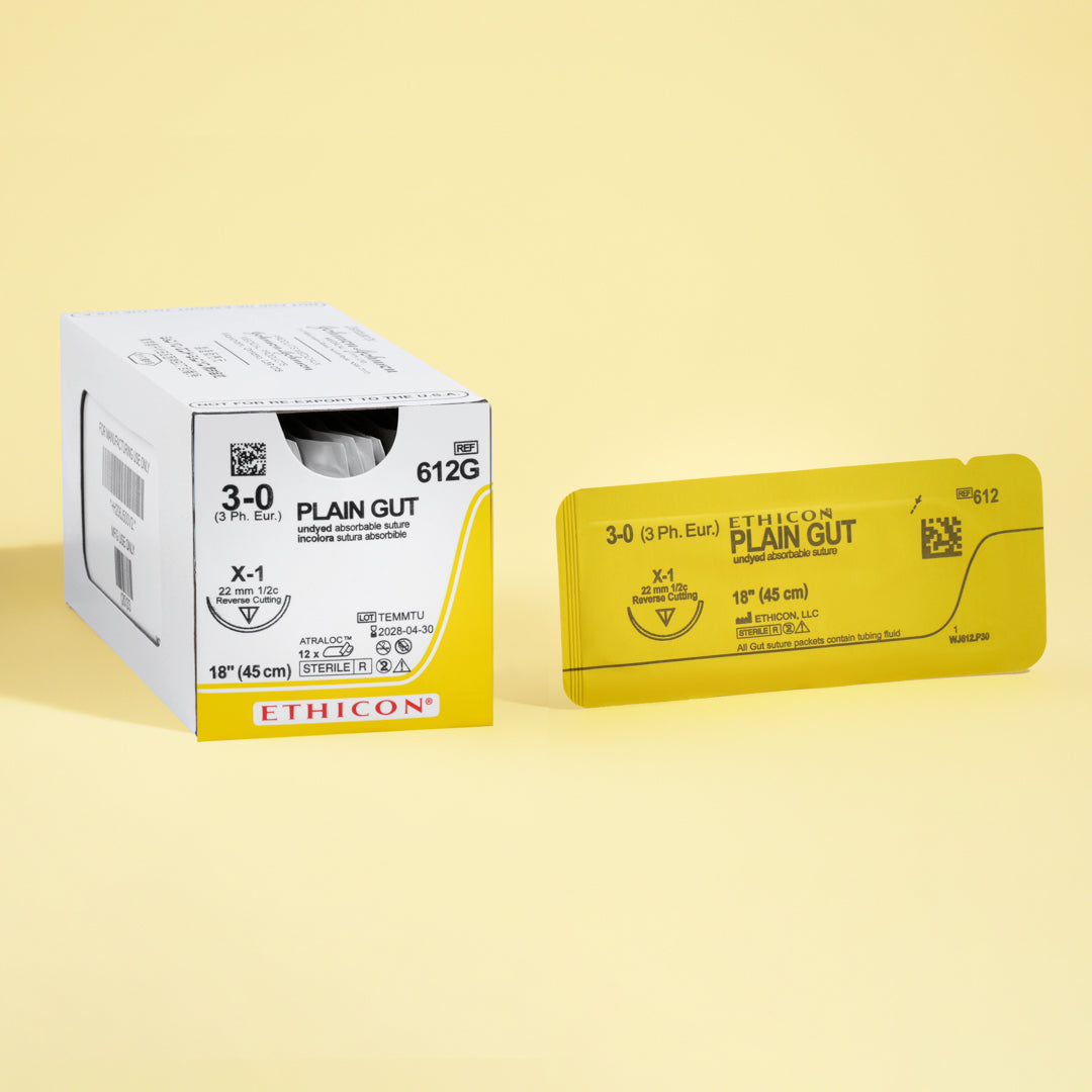 Box of 3-0 Surgical Gut Suture - Plain, reference 612G, featuring brown-colored sutures with a 22mm X-1 reverse cutting needle. The packaging highlights the suture's natural composition and absorbable qualities, designed for effective wound closure in various surgical procedures.