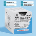 A box of PROLENE® 6-0 Blue Polypropylene Sutures, model 8636G, displaying extremely fine sutures with a 16mm PC-3 conventional cutting needle for high-precision surgical tasks and enduring wound support
