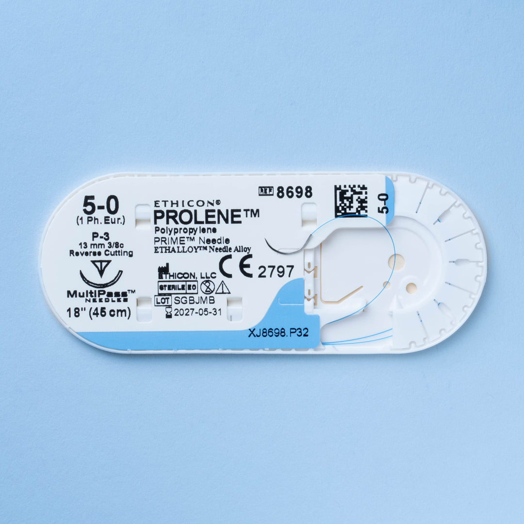 PROLENE® 5-0 Blue Polypropylene Suture pack, model 8698G, featuring high-quality sutures paired with a precision 13mm P-3 reverse cutting needle, ready for detailed surgical work in dermatology, dental procedures, and general surgery, ensuring lasting and secure tissue approximation.