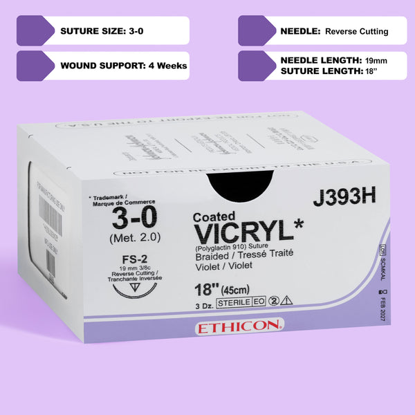COATED VICRYL® 4-0 Violet Sutures, model J392H, featuring medium-gauge, violet-colored threads linked to a 19mm FS-2 reverse cutting needle. Designed for a wide range of surgical applications needing precise tissue approximation and minimal scarring, this package of 36 sutures meets the high demands of healthcare professionals