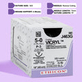 Box of COATED VICRYL® 5-0 Violet Sutures, model J463G, displaying the sutures equipped with a 13mm P-3 prime reverse cutting needle. The sutures' violet color enhances visibility during surgery, packaged in a set of 12 for specialized surgical applications, emphasizing ease of use and patient comfort.