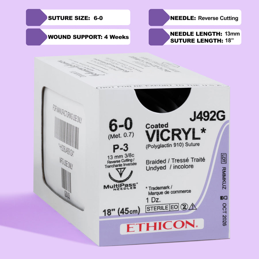 6-0 Vicryl Undyed Suture, 18" P-3 Needle | J492G