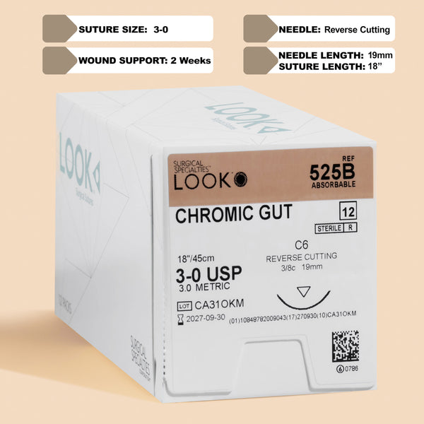 Box of Look Chromic Gut Suture, reference 525B, contains 12 absorbable sutures, each 18 inches long with a 3-0 gauge and a C6 reverse cutting needle, ensuring reliable wound closure with enhanced tensile strength and predictable absorption.