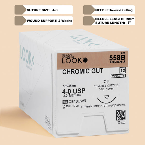 Product Specifications:  Suture Type: Absorbable Suture Material: Chromic Gut Suture Size: 4-0 (metric size 2.0) Suture Length: 18 inches (45 cm) Needle Type: C-6, reverse cutting Needle Length: 19 mm Quantity per Box: 12 sutures Wound Support: 2 Weeks Color: Brown (due to chromic processing)
