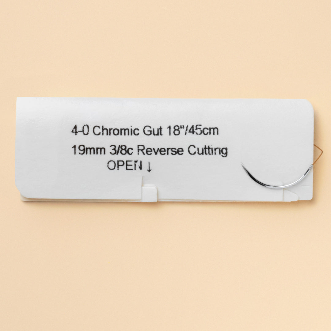 Product Specifications:  Suture Type: Absorbable Suture Material: Chromic Gut Suture Size: 4-0 (metric size 2.0) Suture Length: 18 inches (45 cm) Needle Type: C-6, reverse cutting Needle Length: 19 mm Quantity per Box: 12 sutures Wound Support: 2 Weeks Color: Brown (due to chromic processing)