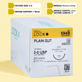 Box of 3-0 Plain Gut sutures with a C-31 reverse cutting needle, model 594B, emphasizing the 1-week wound support and featuring a QR code for efficient product verification. The package conveys the essential information about sterility and usage for successful surgical outcomes.