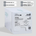 Image showcasing a box of 2-0 PTFE white monofilament sutures with a 18-inch C-6 precision reverse cutting needle, identified with the product number 815B. The package underlines the suture's non-absorbable feature, sterility assured by EO sterilization, and includes a QR code for streamlined access to product details.