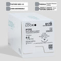 Image displays a box of 4-0 PTFE non-absorbable sutures equipped with a C-22 precision reverse cutting needle, underlining the product reference number 817B. The packaging highlights the sterile and non-cytotoxic nature of the sutures, with a QR code for instant access to detailed product information.
