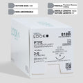 A box of 3-0 PTFE sutures with a C-22 precision reverse cutting needle, model 818B, designed for periodontal procedures, is highlighted. The image showcases the suture's non-absorbable nature and its suitability for dental surgeries, emphasizing the product's sterility and the inclusion of a QR code for quick reference.