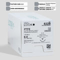 A box and individual pack of 6-0 PTFE white sutures featuring an 18-inch C-3 precision reverse cutting needle, labeled with the product code 822B, denoting the suture's non-absorbable quality. The packaging includes a QR code for instant access to comprehensive product details, ensuring a trusted choice for prolonged tissue support in dental and periodontal surgeries.