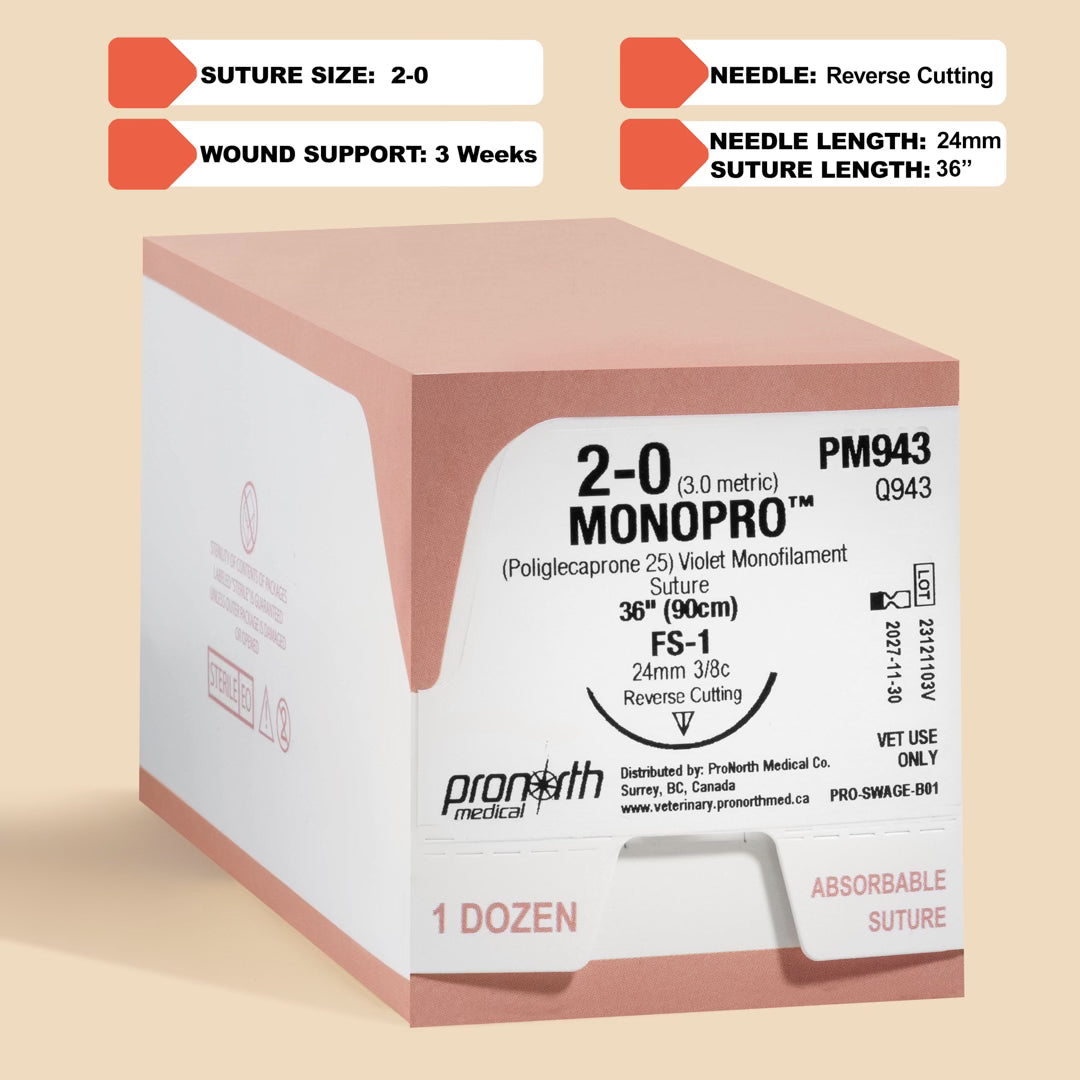 Box of 2-0 MONOPRO violet absorbable suture, 36-inch length with an FS-1 reverse cutting needle, reference PM943, for veterinary use.