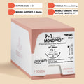 Box of 2-0 MONOPRO violet absorbable suture, 36-inch length with an FS-1 reverse cutting needle, reference PM943, for veterinary use.