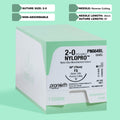 A box of 2-0 NYLOPRO with a 30-inch FS reverse cutting needle, showcasing the blue nylon monofilament suture for non-absorbable applications. The packaging, labeled with reference PN664BL, highlights its design for veterinary use, underlining ProNorth Medical's commitment to providing high-quality surgical sutures.