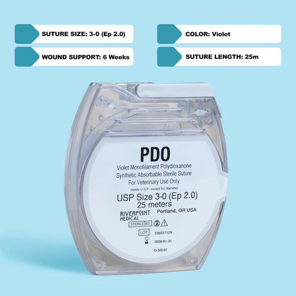 An image of a clear micro cassette containing a 25-meter roll of 3-0 PDO violet monofilament suture, labeled for veterinary use. The suture's specifications, including its size, length, and color, are clearly displayed, along with its absorbable nature and suitability for a range of surgical procedures. This product exemplifies high-quality surgical materials designed for effective and safe veterinary applications.
